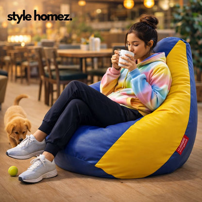 Style Homez Premium Leatherette Classic Bean Bag XXXL Size Blue Yellow Color Filled with Beans Fillers