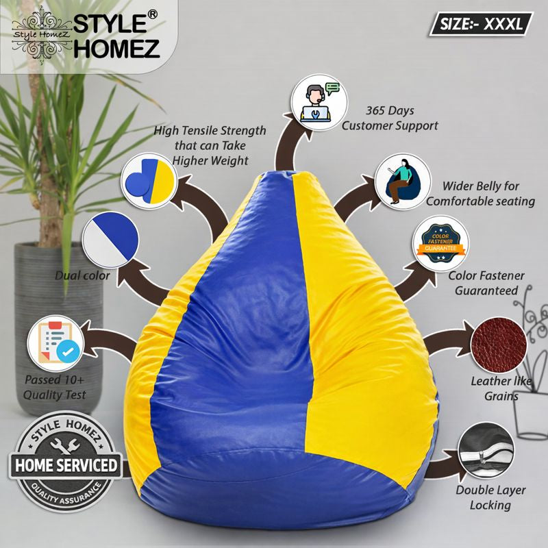 Style Homez Premium Leatherette Classic Bean Bag XXXL Size Blue Yellow Color Filled with Beans Fillers