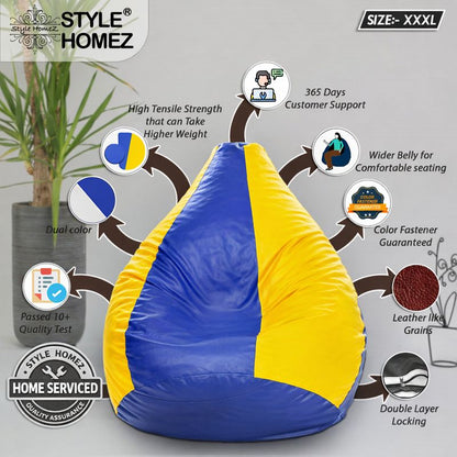 Style Homez Premium Leatherette Classic Bean Bag XXXL Size Blue Yellow Color Filled with Beans Fillers