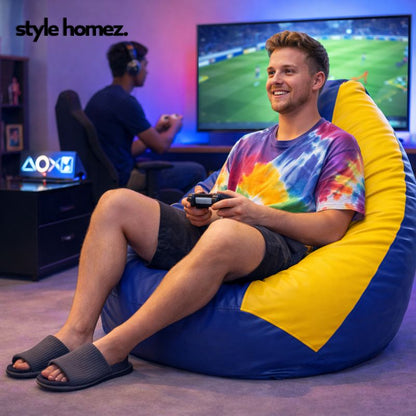 Style Homez Premium Leatherette Classic Bean Bag XXXL Size Blue Yellow Color Filled with Beans Fillers