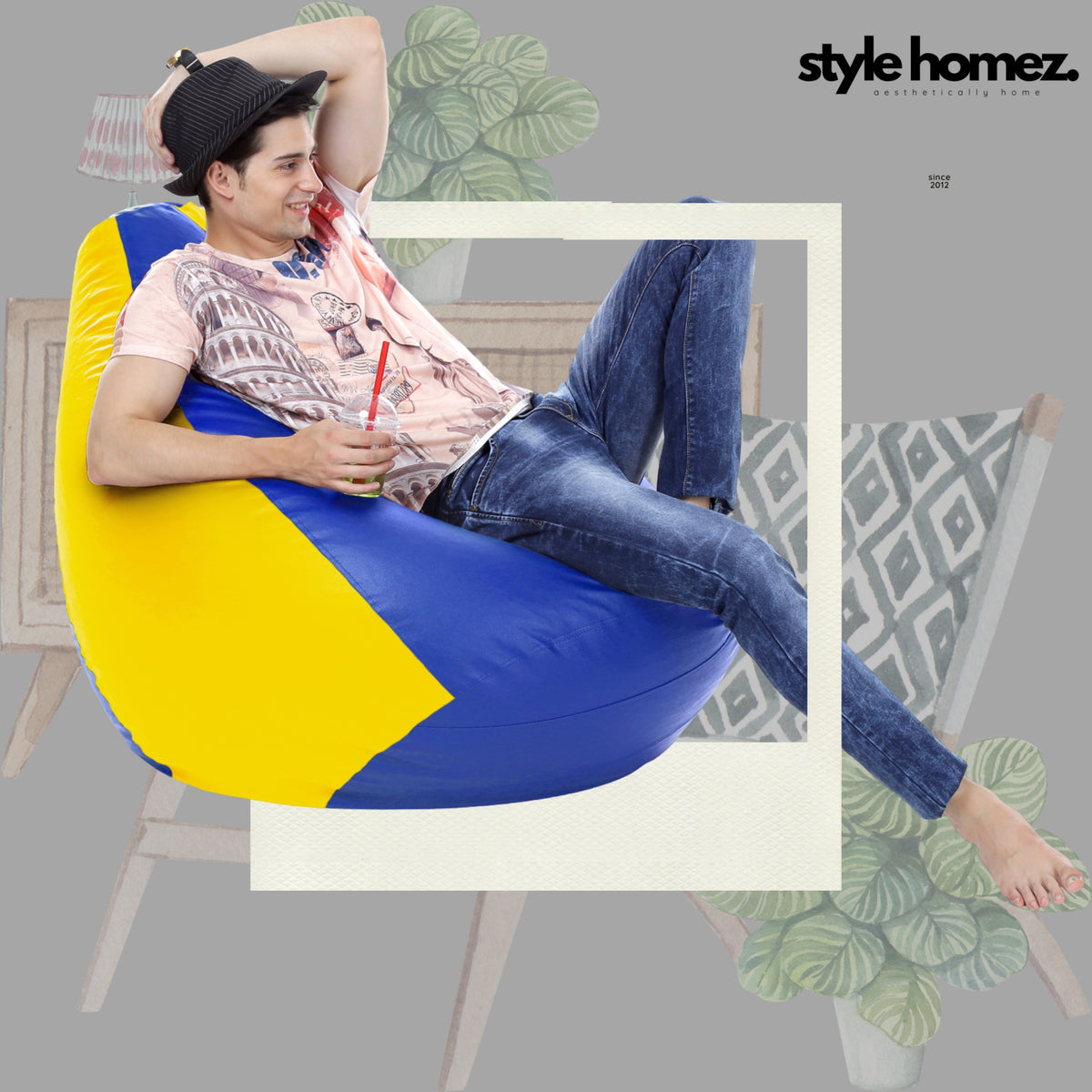 Style Homez Premium Leatherette Classic Bean Bag XXXL Size Blue Yellow Color Filled with Beans Fillers
