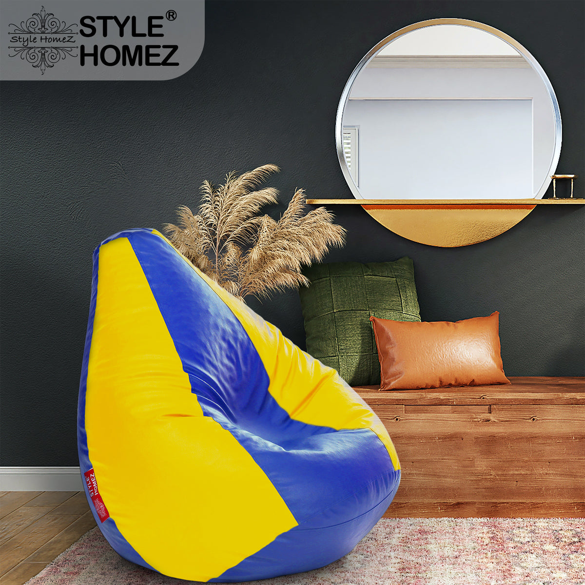 Style Homez Premium Leatherette Classic Bean Bag XXXL Size Blue Yellow Color Filled with Beans Fillers