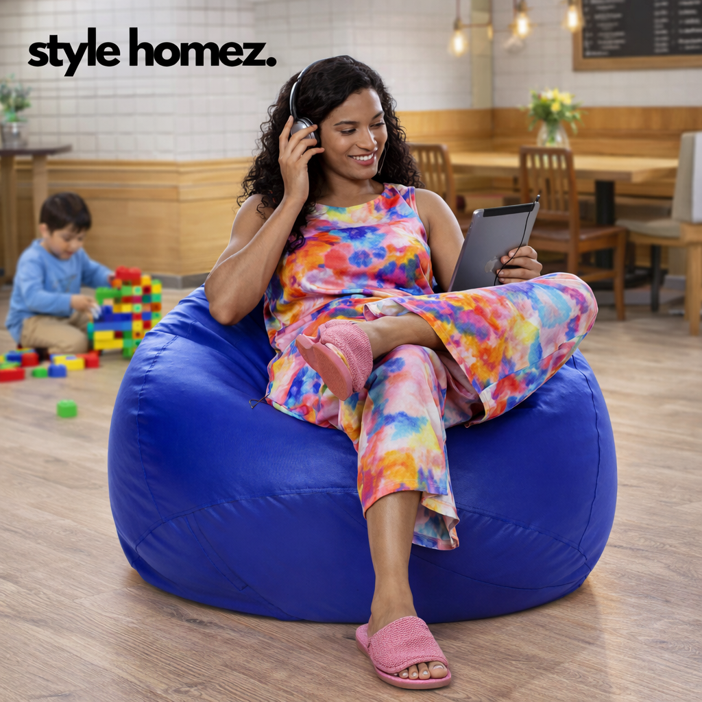 Style Homez Premium Leatherette Classic Bean Bag XXXL Size Royal Blue Color Filled with Beans Fillers