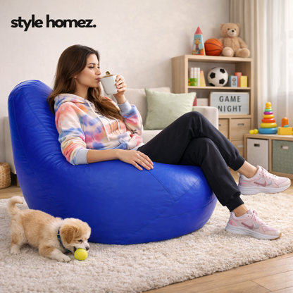 Style Homez Premium Leatherette Classic Bean Bag XXXL Size Royal Blue Color Filled with Beans Fillers