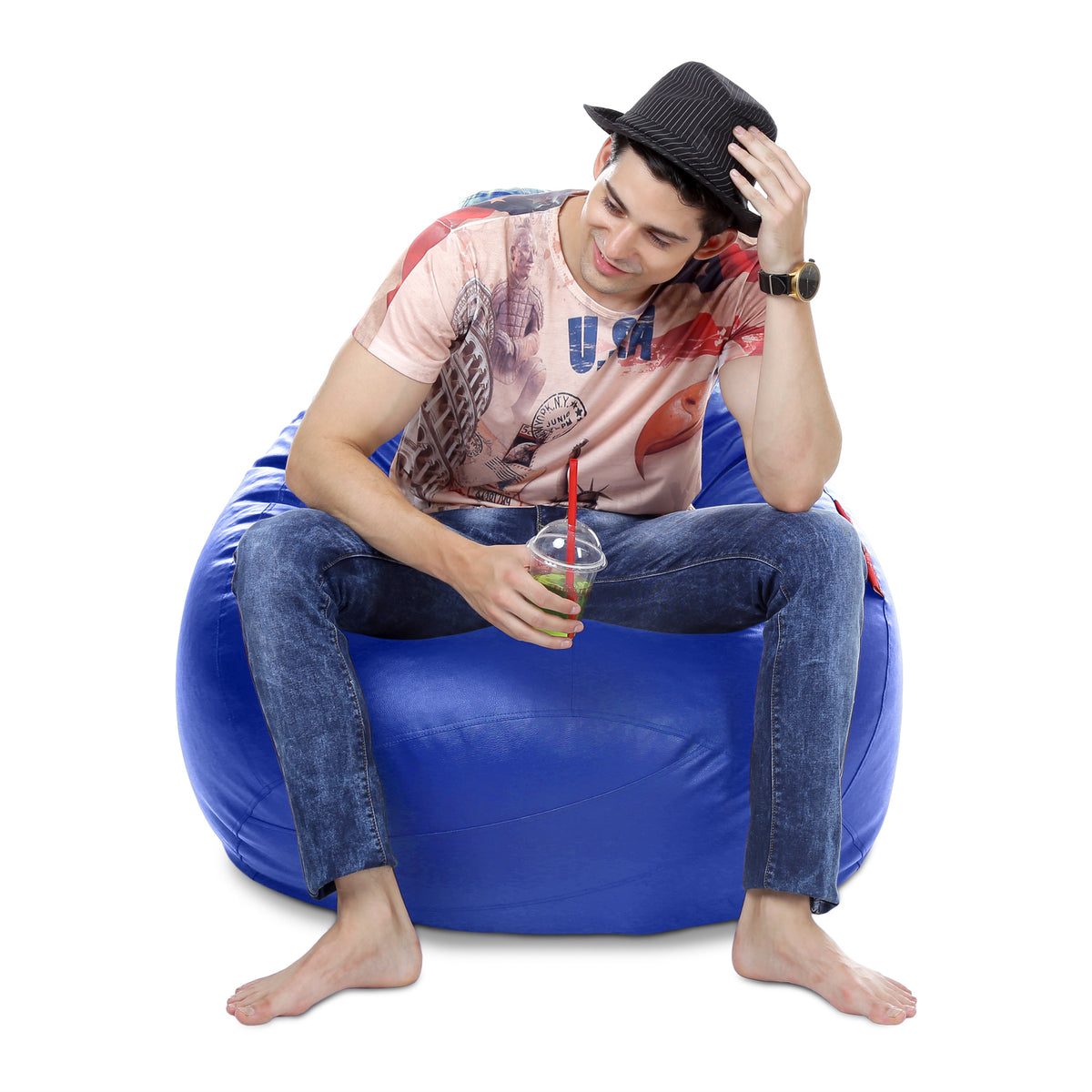 Style Homez Premium Leatherette Classic Bean Bag XXXL Size Royal Blue Color Filled with Beans Fillers