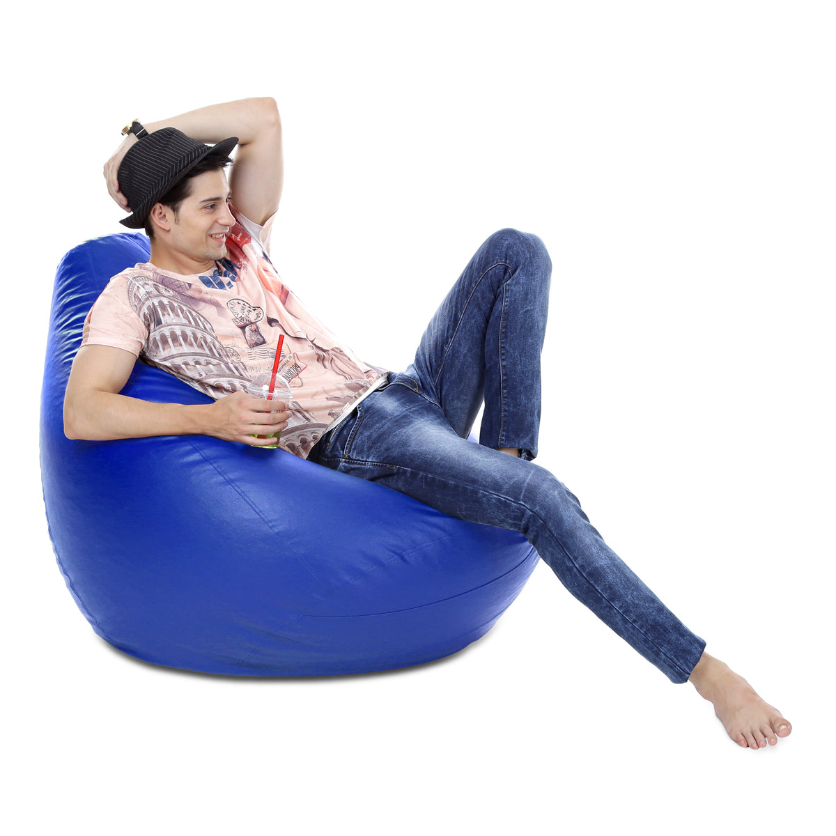 Style Homez Premium Leatherette Classic Bean Bag XXXL Size Royal Blue Color Filled with Beans Fillers