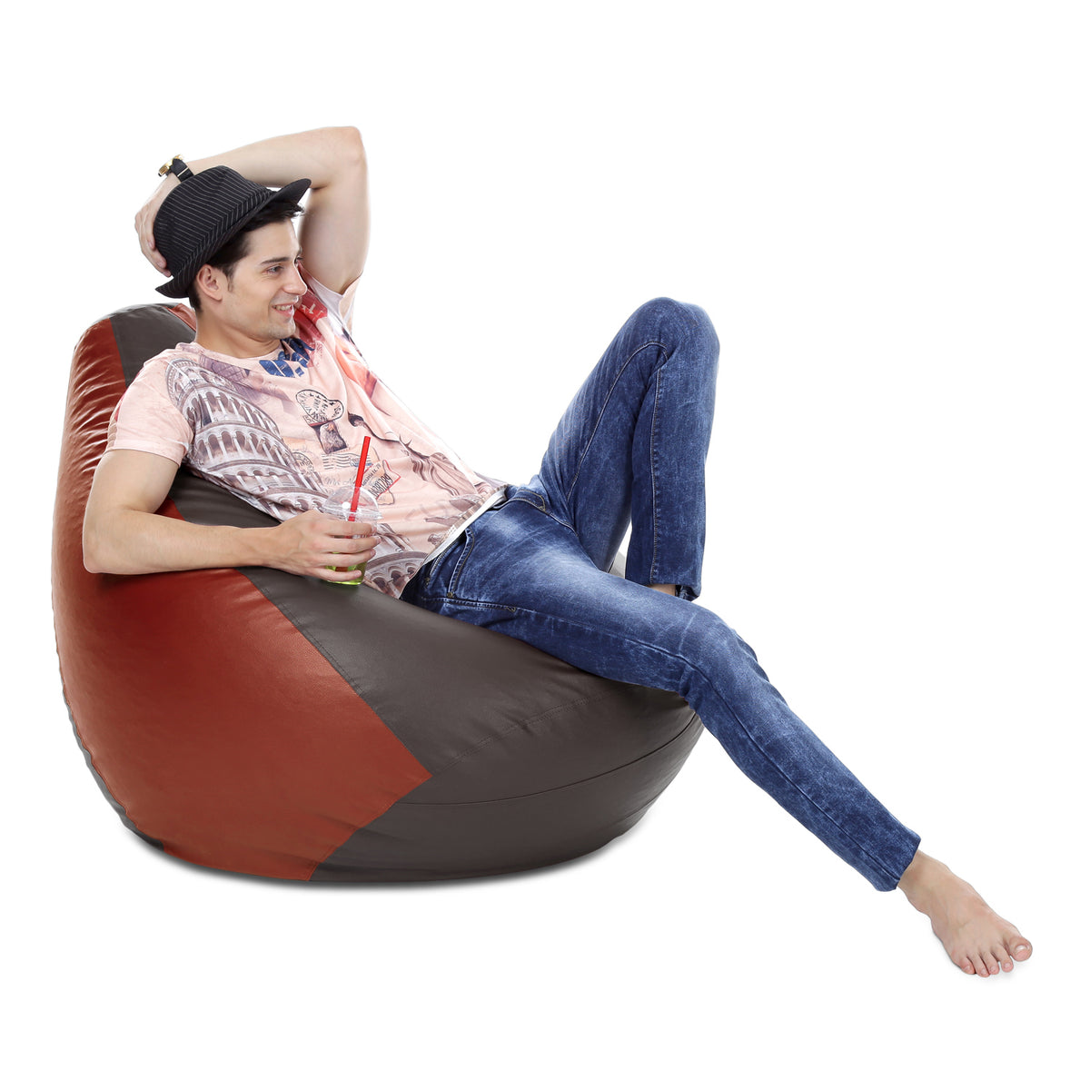 Style Homez Premium Leatherette Classic Bean Bag XXXL Size Brown Tan Color Filled with Beans Fillers