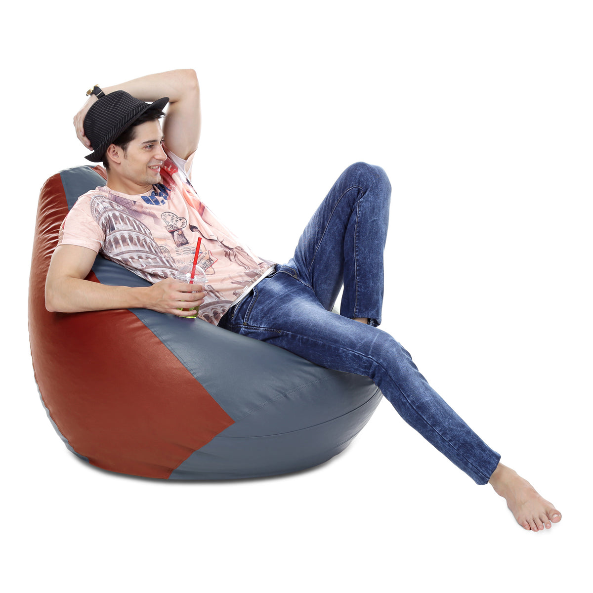 Style Homez Premium Leatherette Classic Bean Bag XXXL Size Grey Tan Color Filled with Beans Fillers