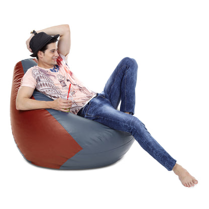 Style Homez Premium Leatherette Classic Bean Bag XXXL Size Grey Tan Color Filled with Beans Fillers