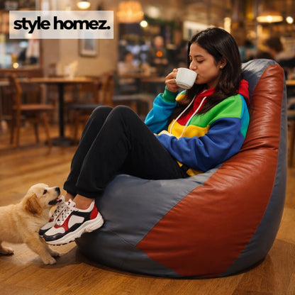 Style Homez Premium Leatherette Classic Bean Bag XXXL Size Grey Tan Color Filled with Beans Fillers