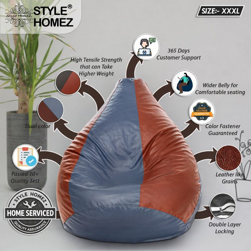 Style Homez Premium Leatherette Classic Bean Bag XXXL Size Grey Tan Color Filled with Beans Fillers