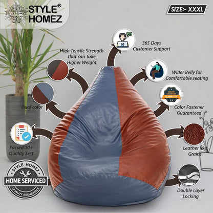 Style Homez Premium Leatherette Classic Bean Bag XXXL Size Grey Tan Color Filled with Beans Fillers