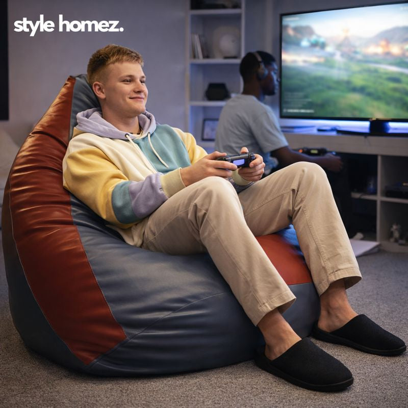 Style Homez Premium Leatherette Classic Bean Bag XXXL Size Grey Tan Color Filled with Beans Fillers