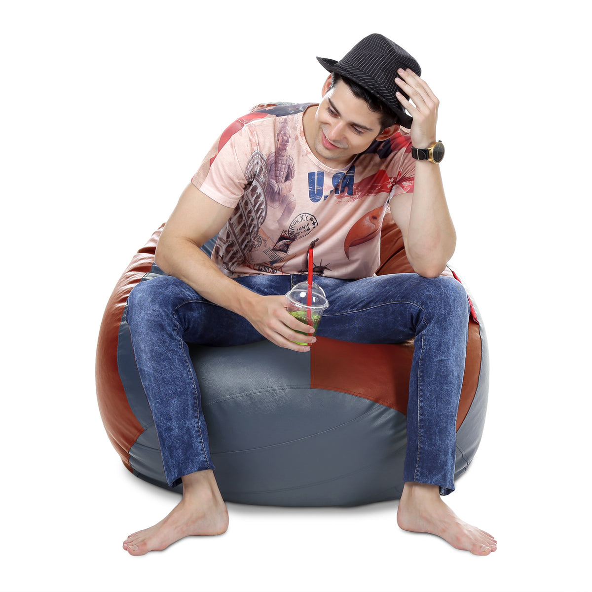 Style Homez Premium Leatherette Classic Bean Bag XXXL Size Grey Tan Color Filled with Beans Fillers