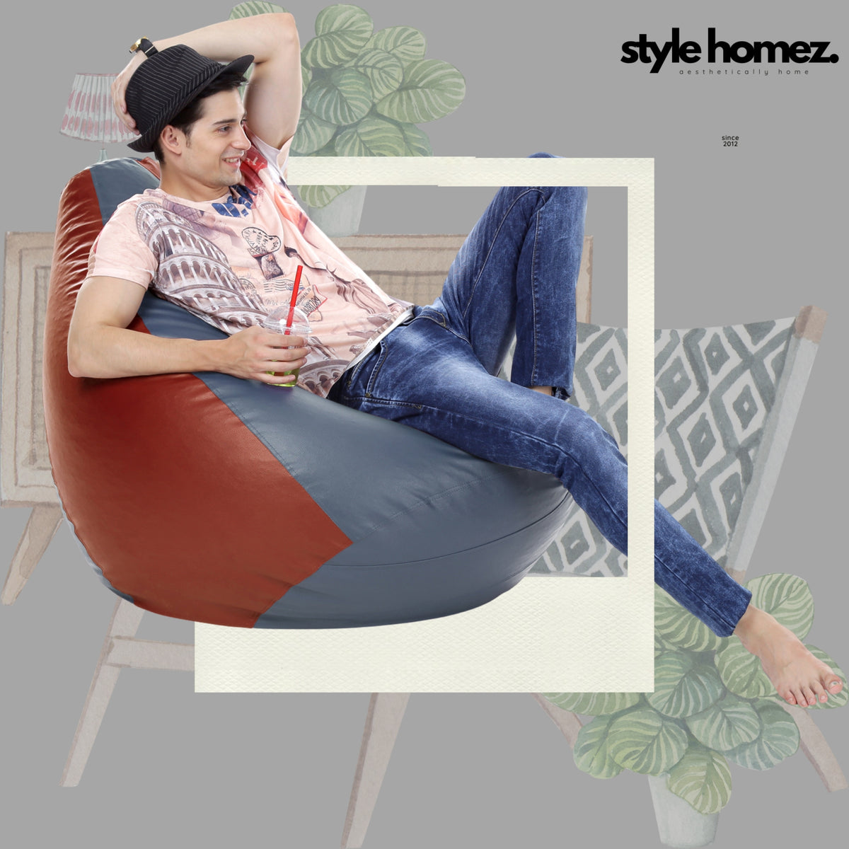 Style Homez Premium Leatherette Classic Bean Bag XXXL Size Grey Tan Color Filled with Beans Fillers