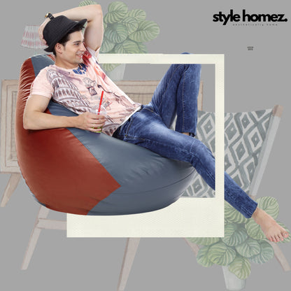 Style Homez Premium Leatherette Classic Bean Bag XXXL Size Grey Tan Color Filled with Beans Fillers