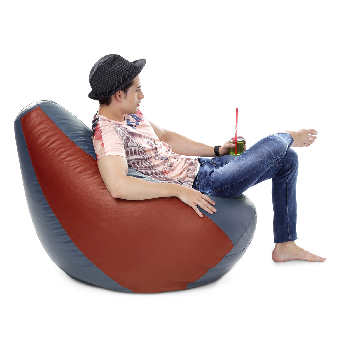 Style Homez Premium Leatherette Classic Bean Bag XXXL Size Grey Tan Color Filled with Beans Fillers