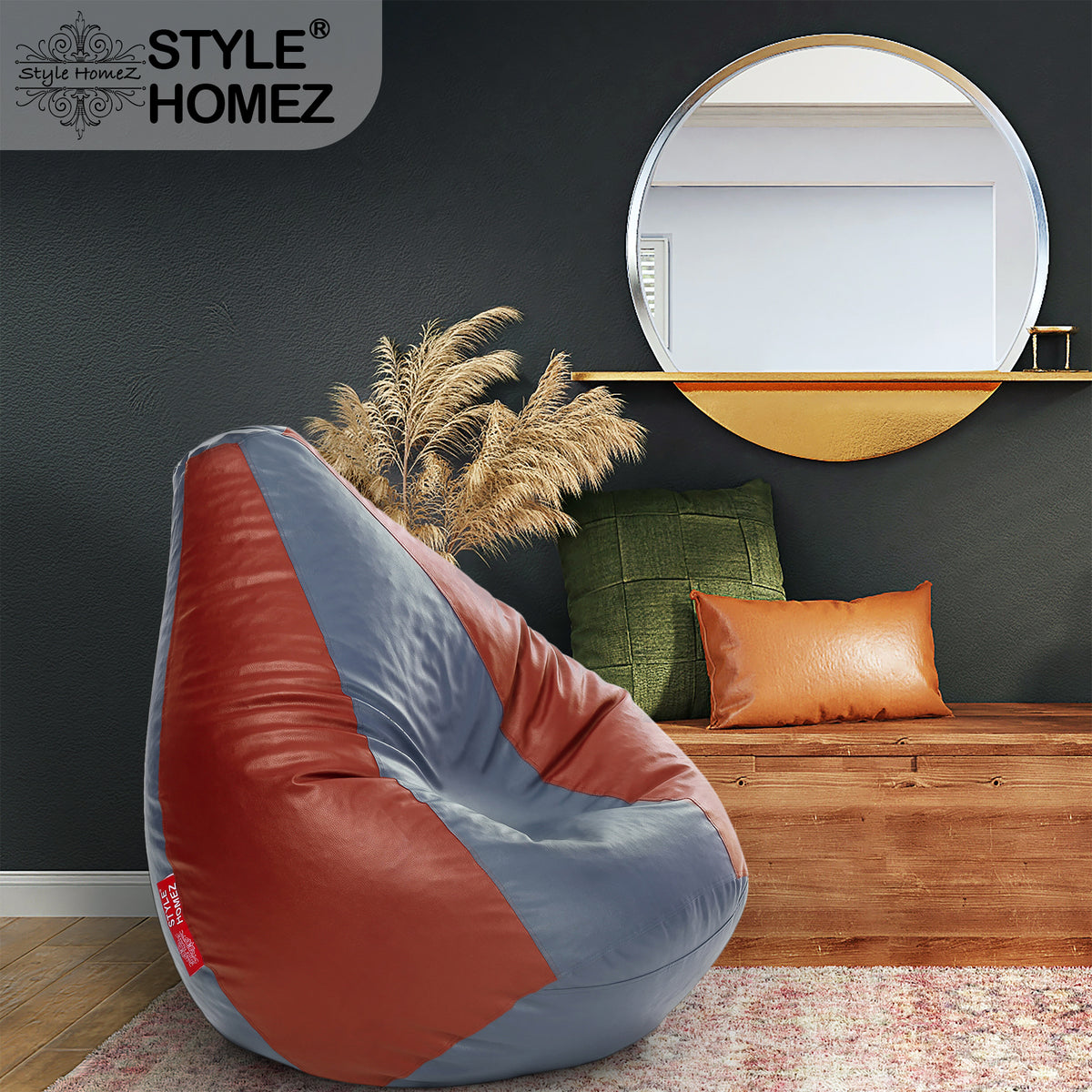 Style Homez Premium Leatherette Classic Bean Bag XXXL Size Grey Tan Color Filled with Beans Fillers