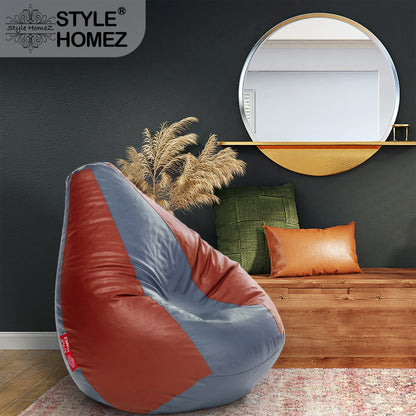 Style Homez Premium Leatherette Classic Bean Bag XXXL Size Grey Tan Color Filled with Beans Fillers