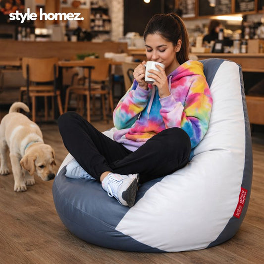 Style Homez Premium Leatherette Classic Bean Bag XXXL Size Grey White Color Filled with Beans Fillers