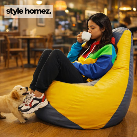 Style Homez Premium Leatherette Classic Bean Bag XXXL Size Grey Yellow Color Filled with Beans Fillers