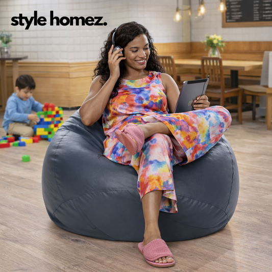 Style Homez Premium Leatherette Classic Bean Bag XXXL Size Grey Color Filled with Beans Fillers