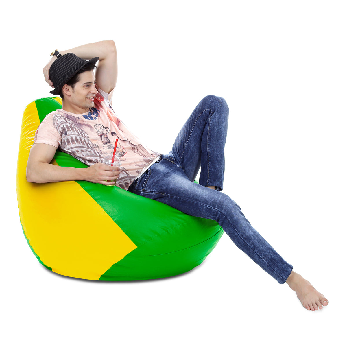 Style Homez Premium Leatherette Classic Bean Bag XXXL Size Green Yellow Color Filled with Beans Fillers