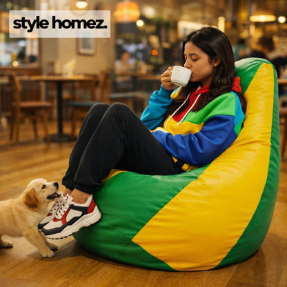 Style Homez Premium Leatherette Classic Bean Bag XXXL Size Green Yellow Color Filled with Beans Fillers