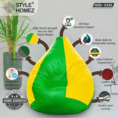 Style Homez Premium Leatherette Classic Bean Bag XXXL Size Green Yellow Color Filled with Beans Fillers