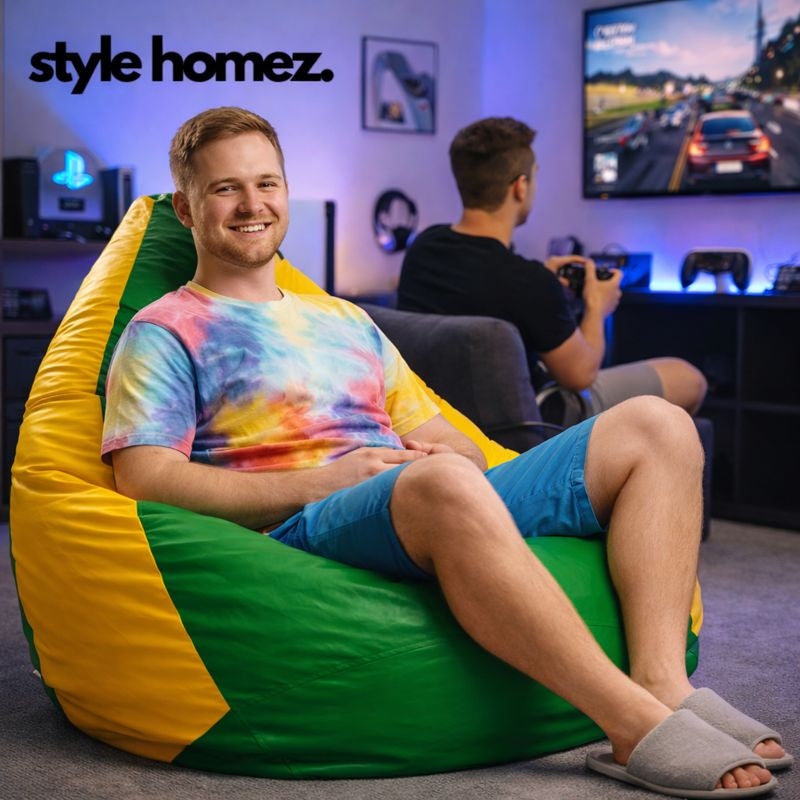 Style Homez Premium Leatherette Classic Bean Bag XXXL Size Green Yellow Color Filled with Beans Fillers