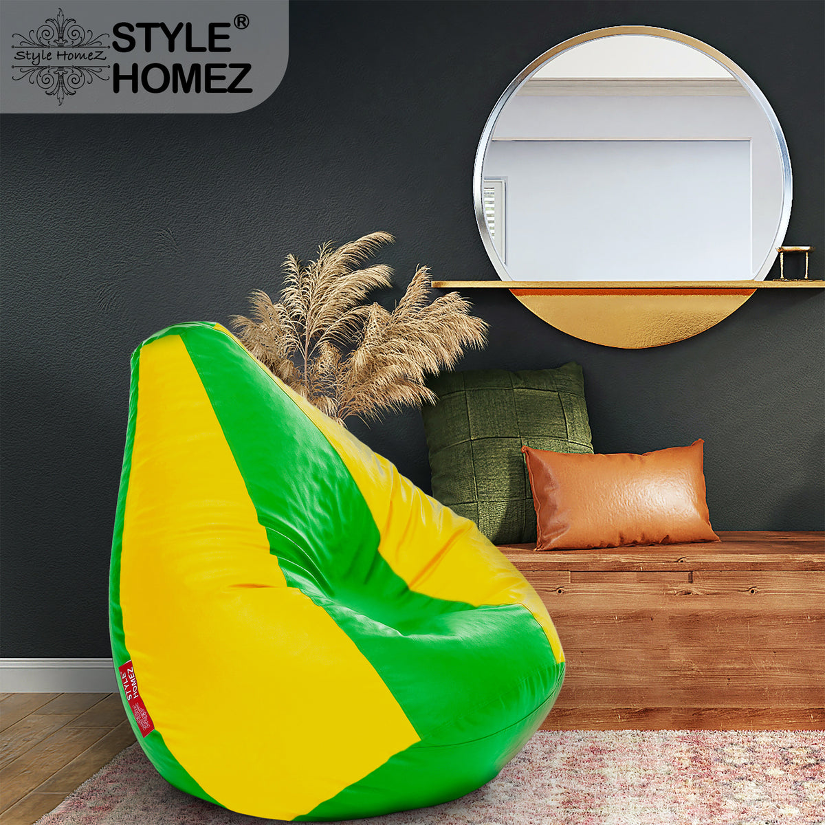 Style Homez Premium Leatherette Classic Bean Bag XXXL Size Green Yellow Color Filled with Beans Fillers