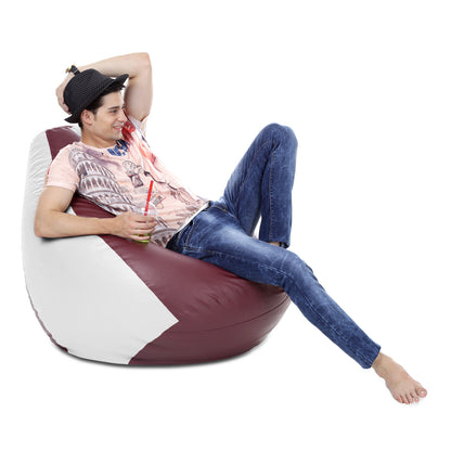 Style Homez Premium Leatherette Classic Bean Bag XXXL Size Maroon White Color Filled with Beans Fillers