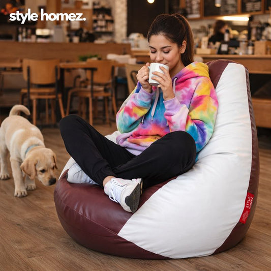 Style Homez Premium Leatherette Classic Bean Bag XXXL Size Maroon White Color Filled with Beans Fillers