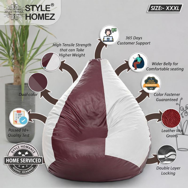 Style Homez Premium Leatherette Classic Bean Bag XXXL Size Maroon White Color Filled with Beans Fillers