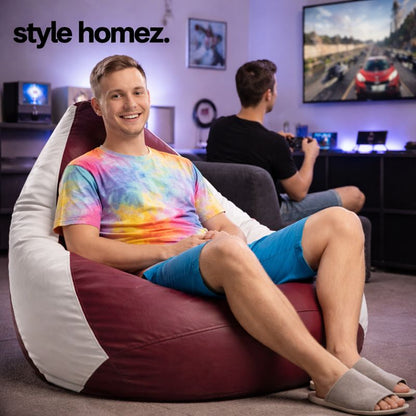Style Homez Premium Leatherette Classic Bean Bag XXXL Size Maroon White Color Filled with Beans Fillers