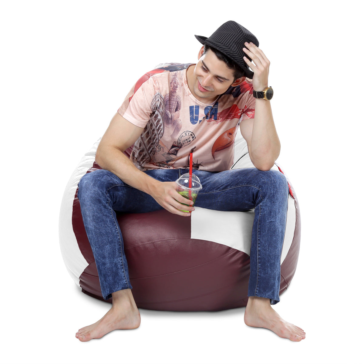 Style Homez Premium Leatherette Classic Bean Bag XXXL Size Maroon White Color Filled with Beans Fillers