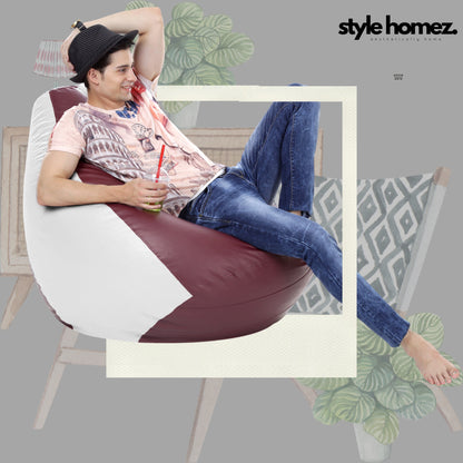 Style Homez Premium Leatherette Classic Bean Bag XXXL Size Maroon White Color Filled with Beans Fillers