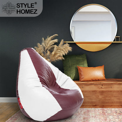 Style Homez Premium Leatherette Classic Bean Bag XXXL Size Maroon White Color Filled with Beans Fillers