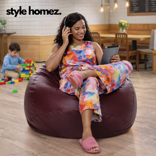 Style Homez Premium Leatherette Classic Bean Bag XXXL Size Maroon Color Filled with Beans Fillers