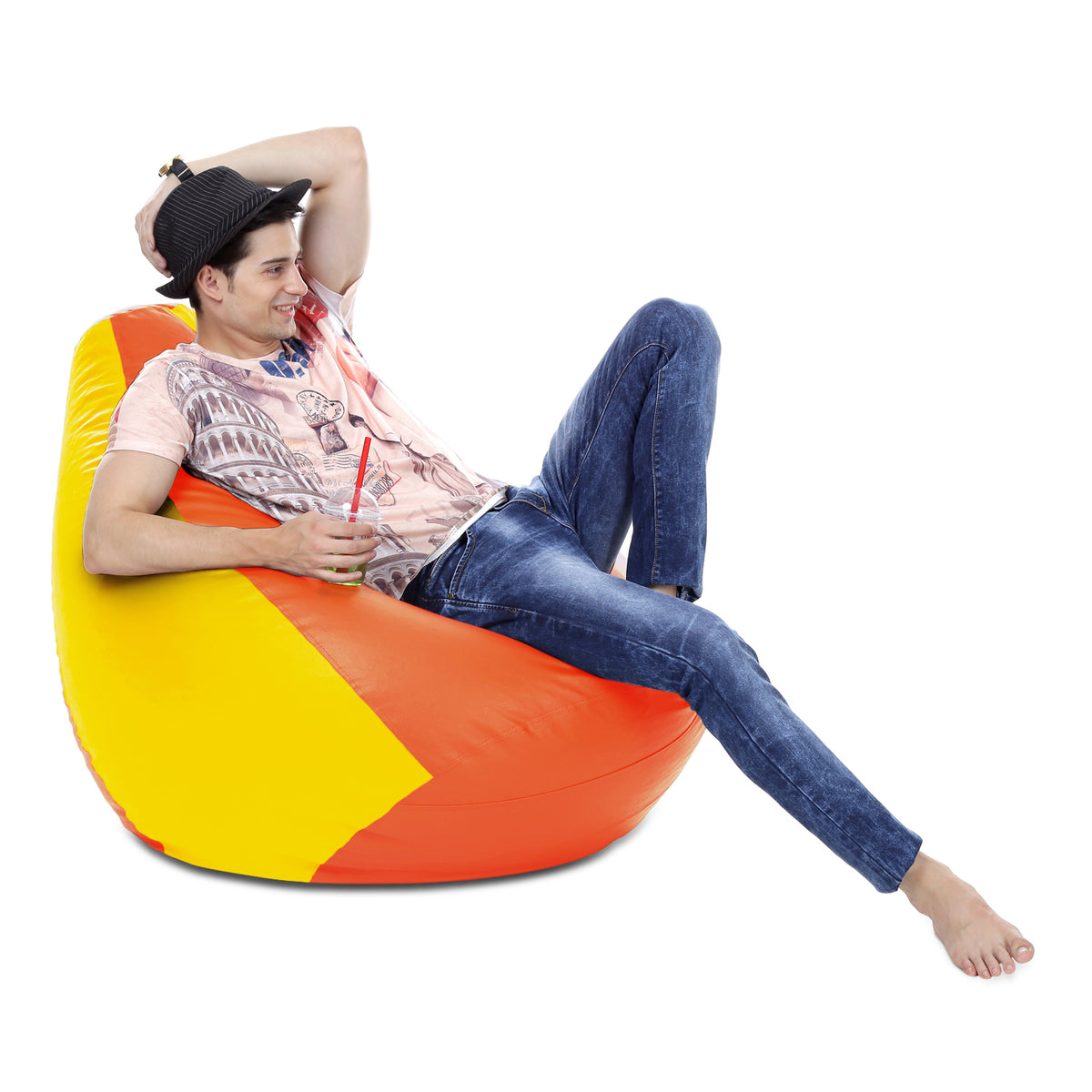Style Homez Premium Leatherette Classic Bean Bag XXXL Size Orange Yellow Color Filled with Beans Fillers