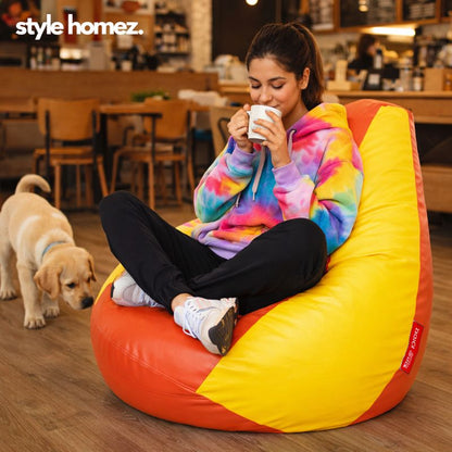 Style Homez Premium Leatherette Classic Bean Bag XXXL Size Orange Yellow Color Filled with Beans Fillers