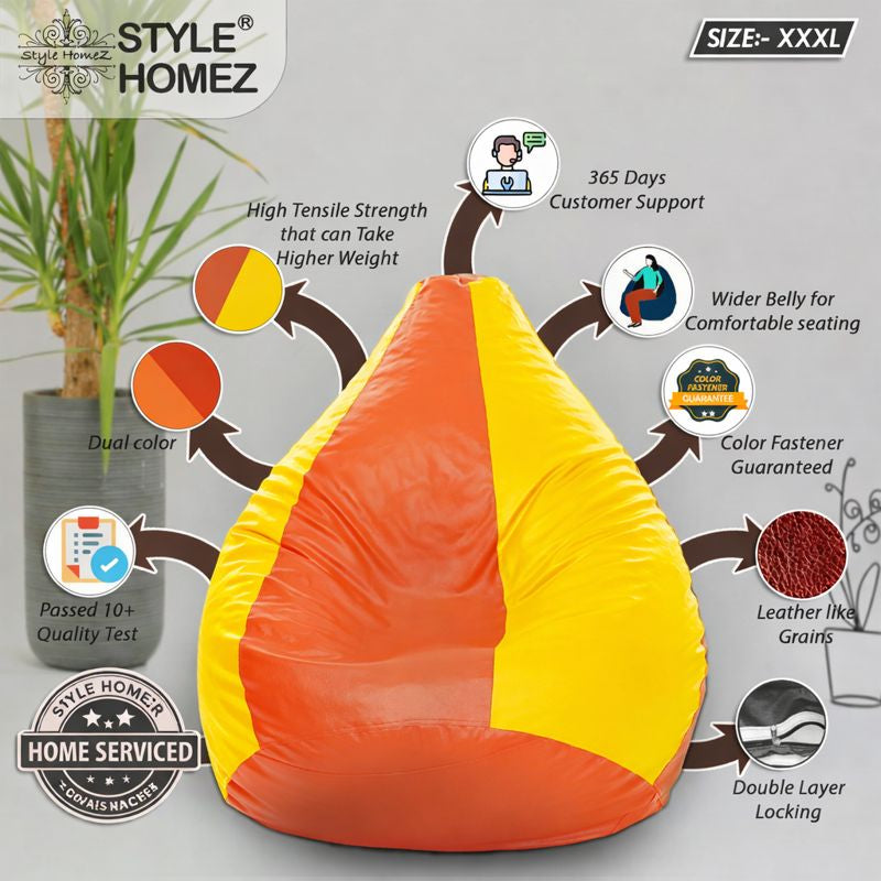 Style Homez Premium Leatherette Classic Bean Bag XXXL Size Orange Yellow Color Filled with Beans Fillers
