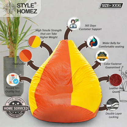 Style Homez Premium Leatherette Classic Bean Bag XXXL Size Orange Yellow Color Filled with Beans Fillers