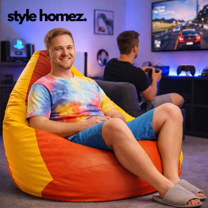 Style Homez Premium Leatherette Classic Bean Bag XXXL Size Orange Yellow Color Filled with Beans Fillers