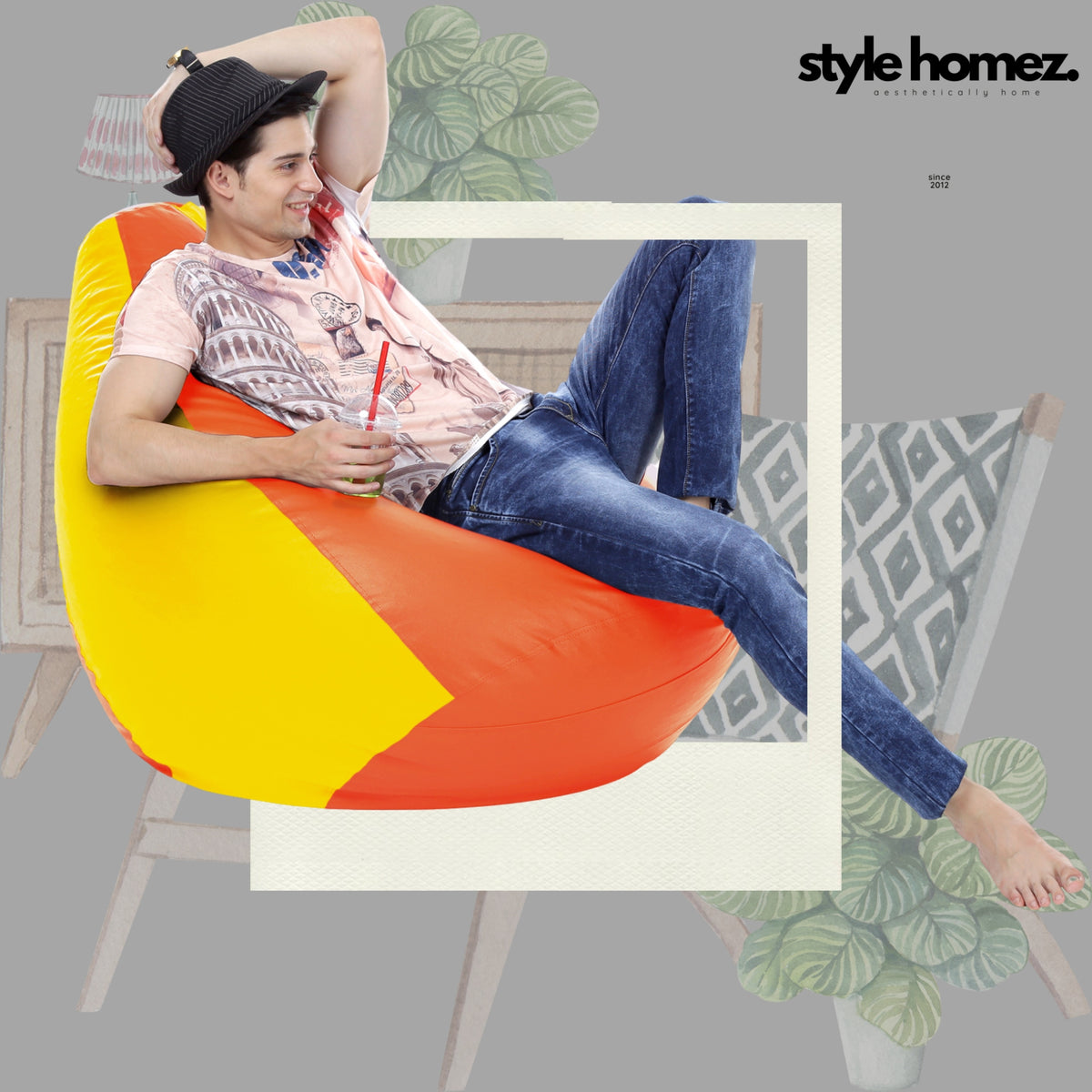 Style Homez Premium Leatherette Classic Bean Bag XXXL Size Orange Yellow Color Filled with Beans Fillers