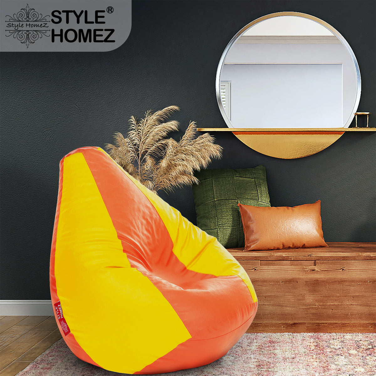 Style Homez Premium Leatherette Classic Bean Bag XXXL Size Orange Yellow Color Filled with Beans Fillers