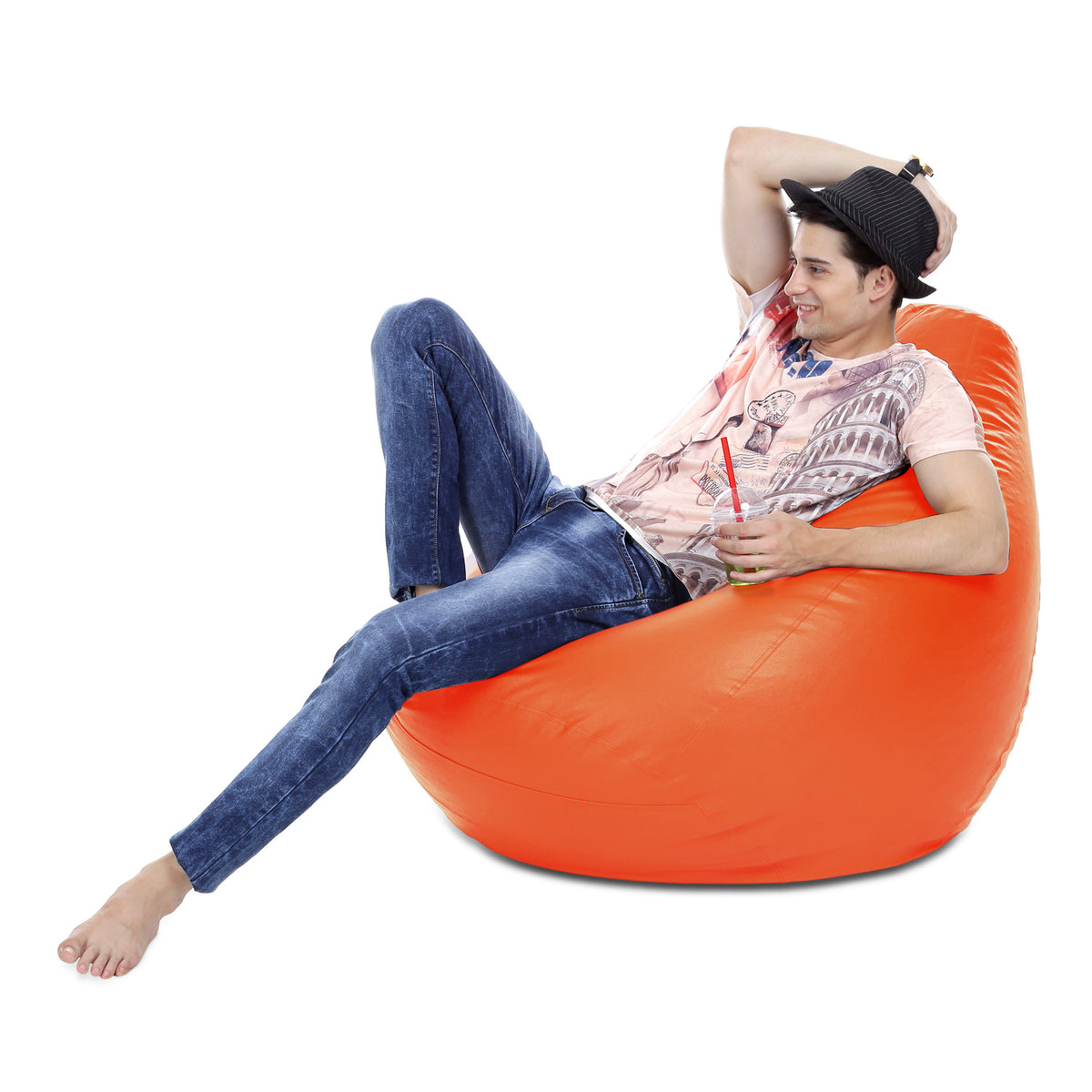 Style Homez Premium Leatherette Classic Bean Bag XXXL Size Orange Color Filled with Beans Fillers