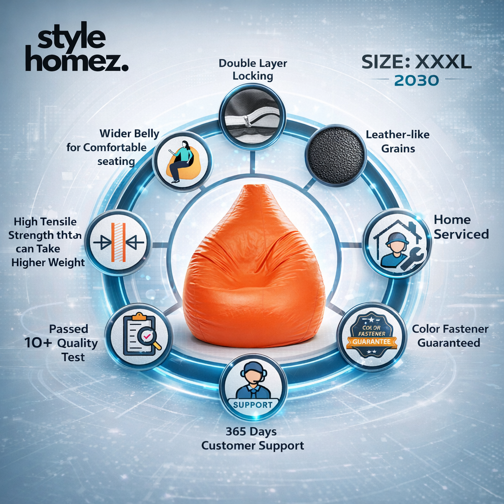 Style Homez Premium Leatherette Classic Bean Bag XXXL Size Orange Color Filled with Beans Fillers