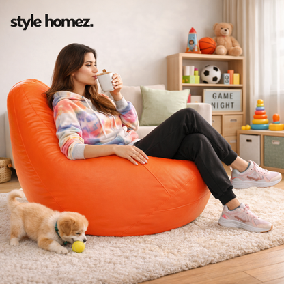 Style Homez Premium Leatherette Classic Bean Bag XXXL Size Orange Color Filled with Beans Fillers