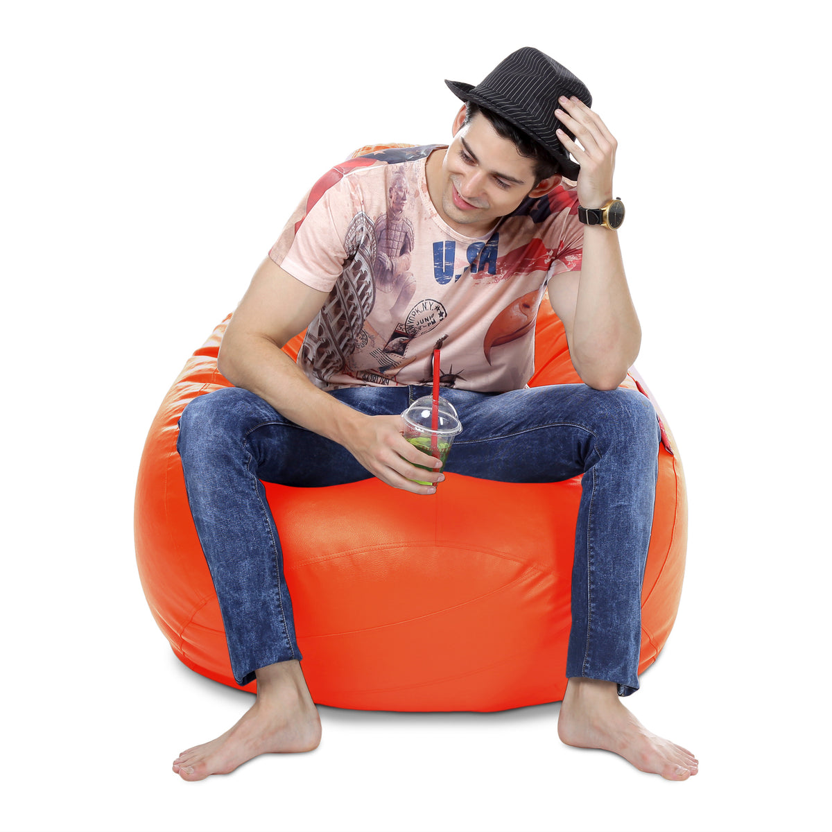 Style Homez Premium Leatherette Classic Bean Bag XXXL Size Orange Color Filled with Beans Fillers